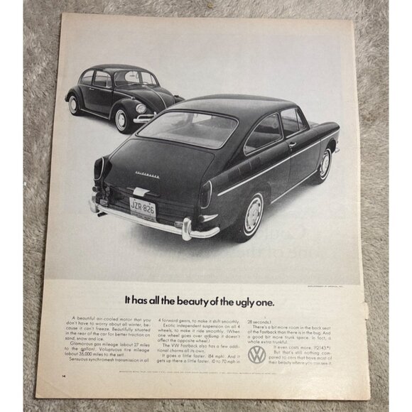 Volkswagen Fastback Print Ad Vintage 1960s  All the Beauty of the Ugly One - Picture 1 of 10